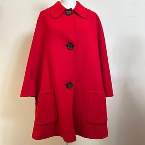 Vintage Style Red Wool Angora Cape Coat with Large Buttons and Pockets